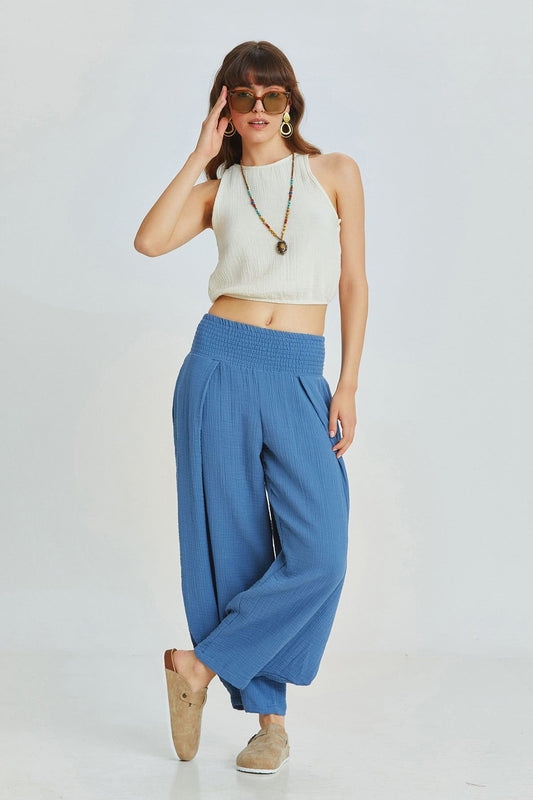 Dark Blue Bohemian Cotton Muslin Pants with Elastic Waist and Wide Legs