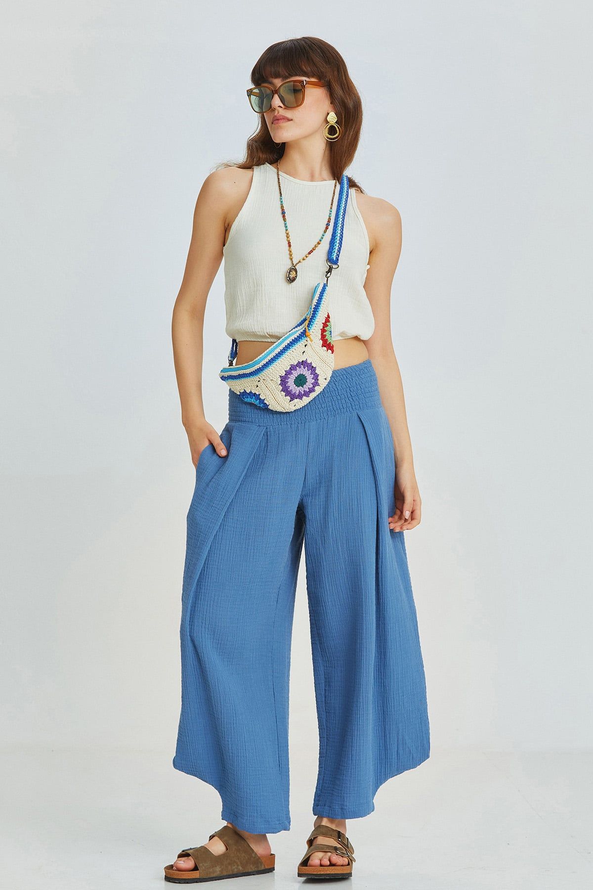 Dark Blue Bohemian Cotton Muslin Pants with Elastic Waist and Wide Legs