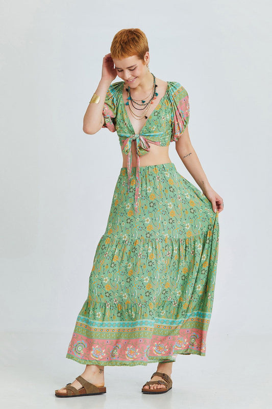 Green Floral Pattern Bohemian Maxi Skirt with Elastic Waist