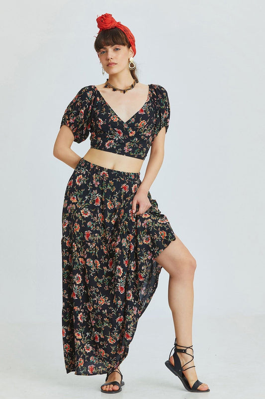 Black Floral Pattern Bohemian Maxi Skirt with Elastic Waist