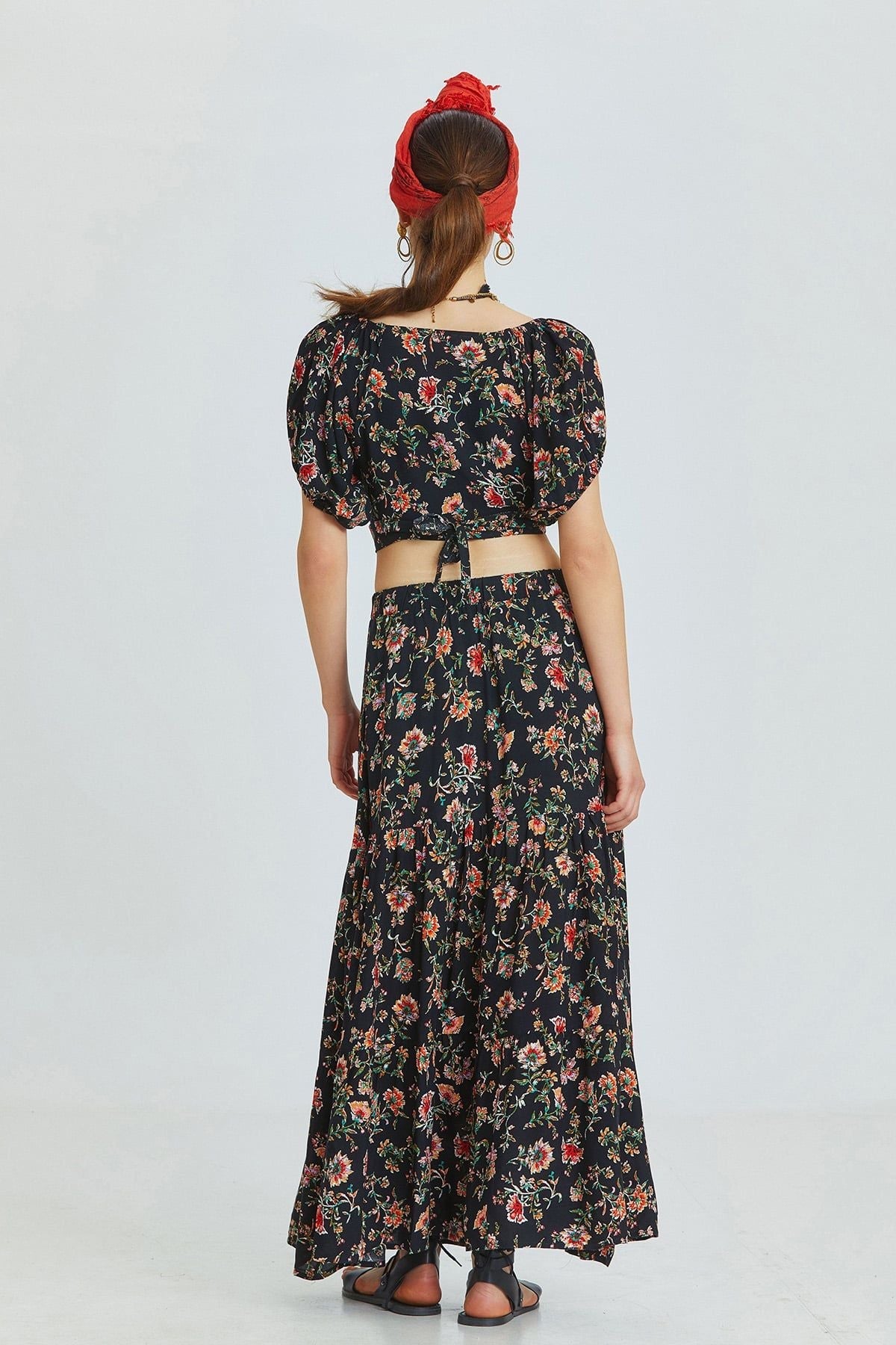 Black Floral Pattern Bohemian Maxi Skirt with Elastic Waist