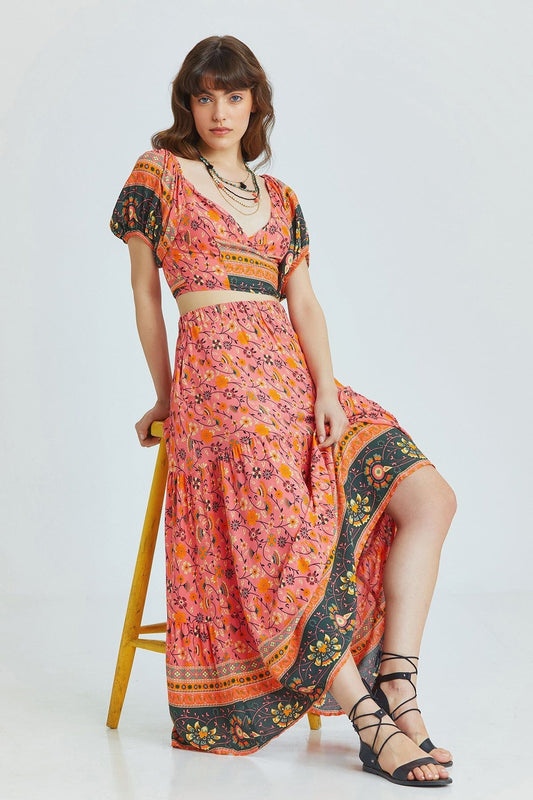 Pink Floral Pattern Bohemian Maxi Skirt with Elastic Waist