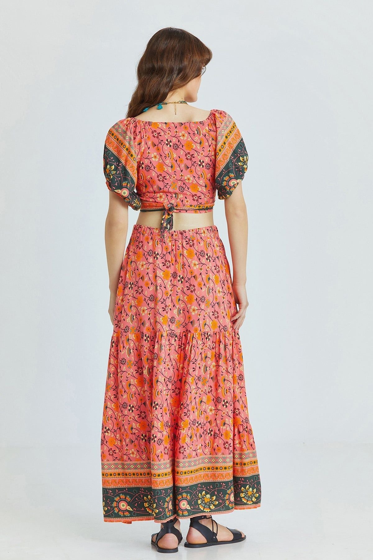 Pink Floral Pattern Bohemian Maxi Skirt with Elastic Waist