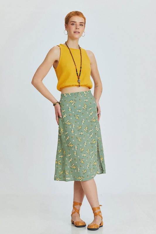 Green Floral High-Waisted Midi Bohemian Skirt with Side Slit