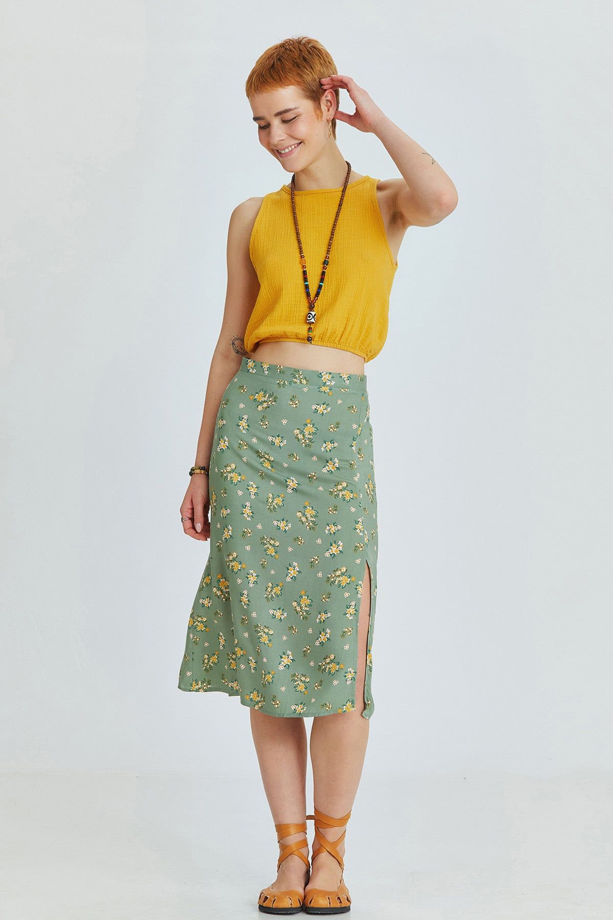 Green Floral High-Waisted Midi Bohemian Skirt with Side Slit