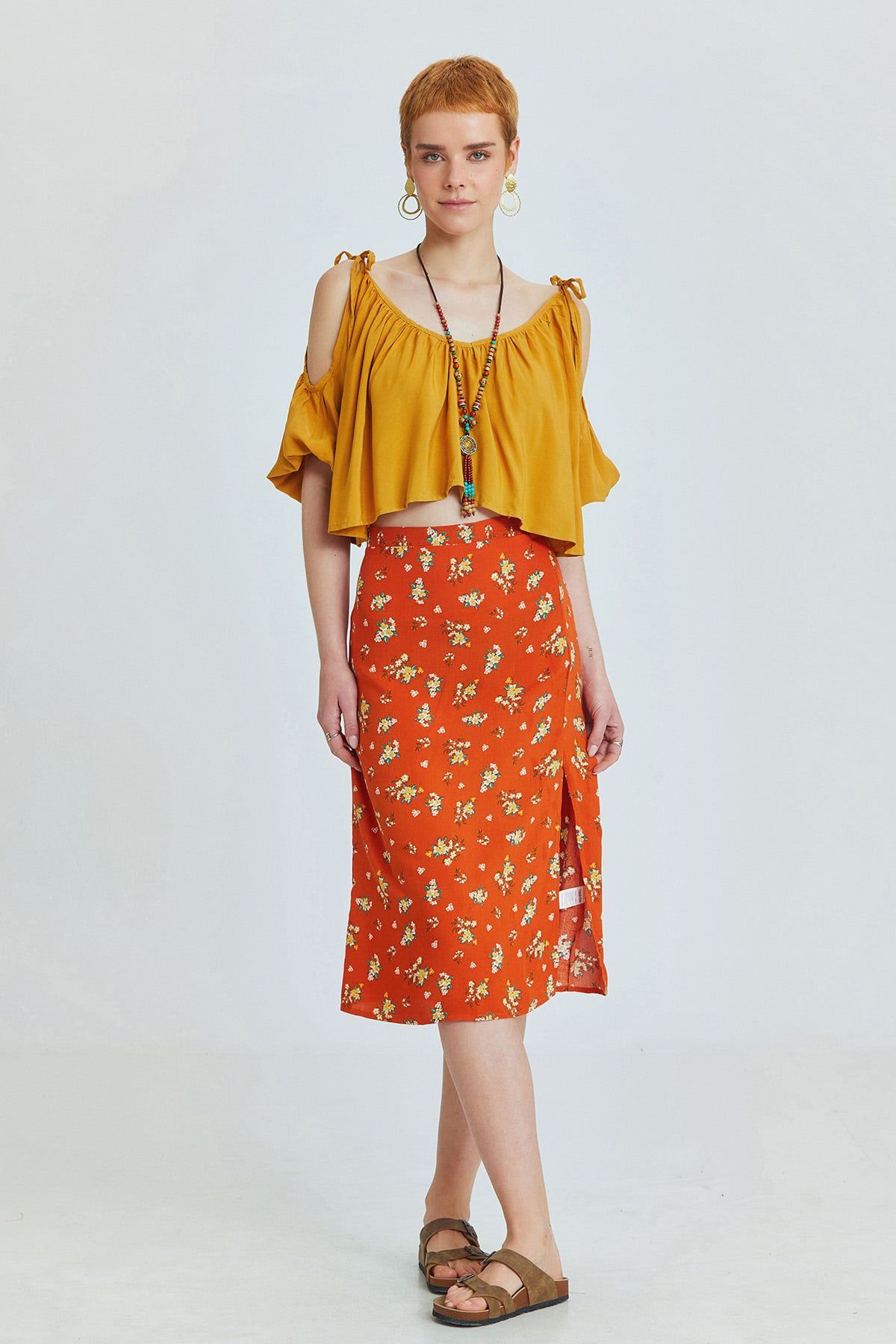 Orange Floral High-Waisted Midi Bohemian Skirt with Side Slit