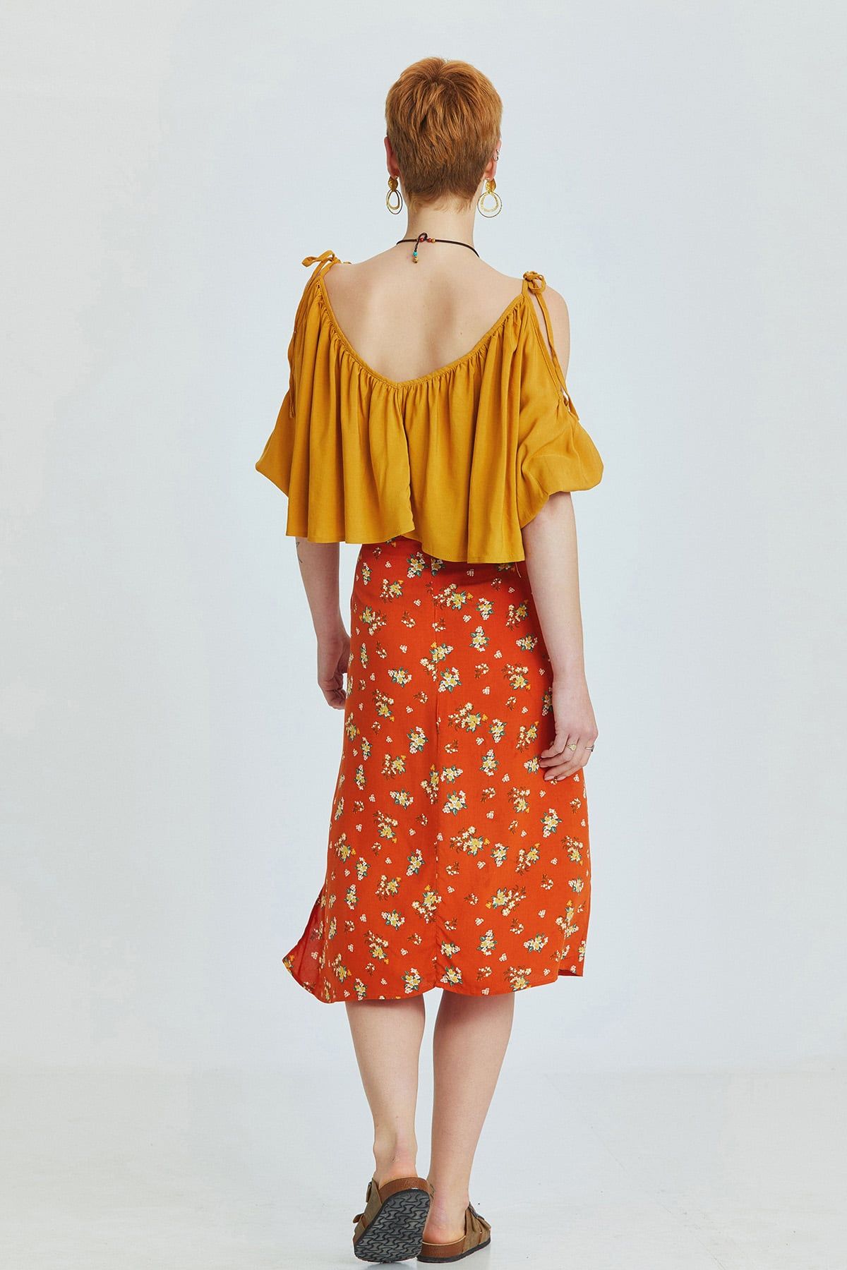 Orange Floral High-Waisted Midi Bohemian Skirt with Side Slit