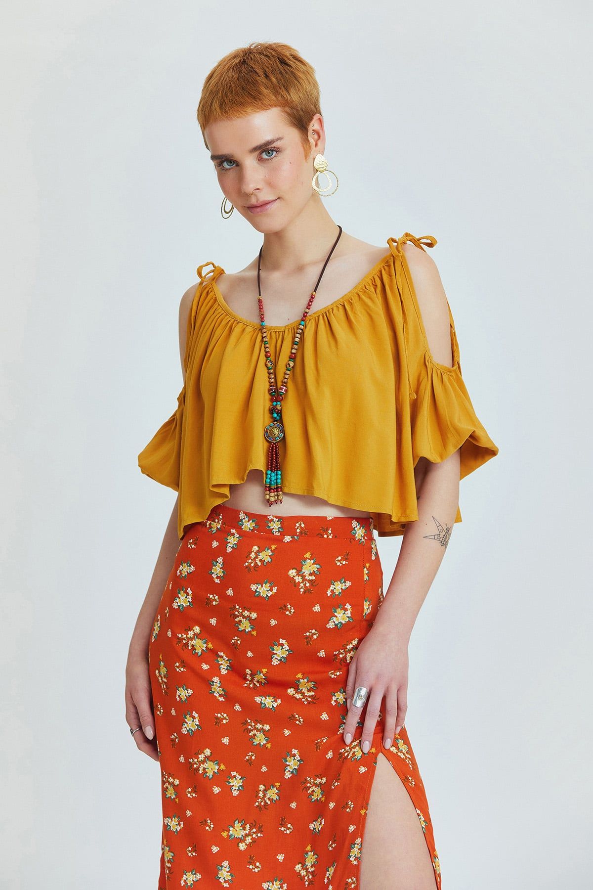 Orange Floral High-Waisted Midi Bohemian Skirt with Side Slit