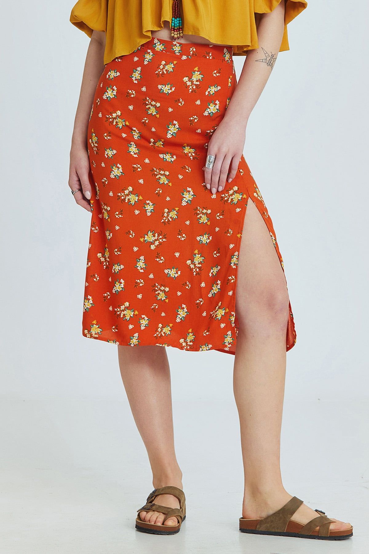 Orange Floral High-Waisted Midi Bohemian Skirt with Side Slit