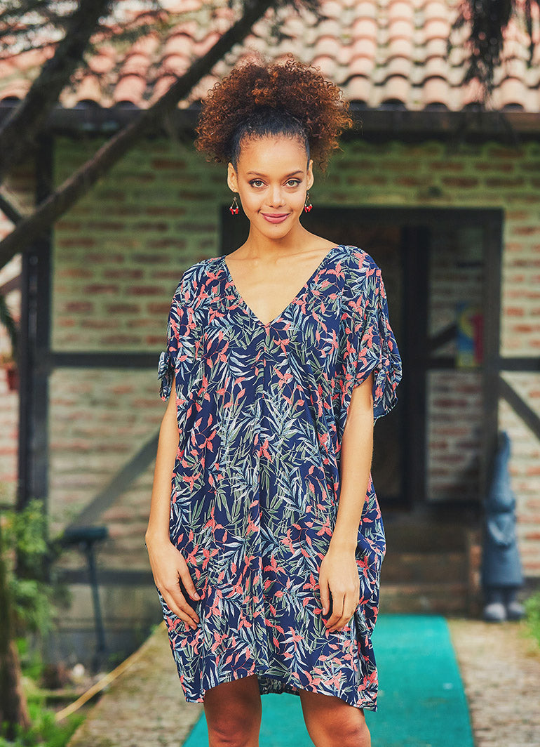 Blue Tropical Print Summer Dress