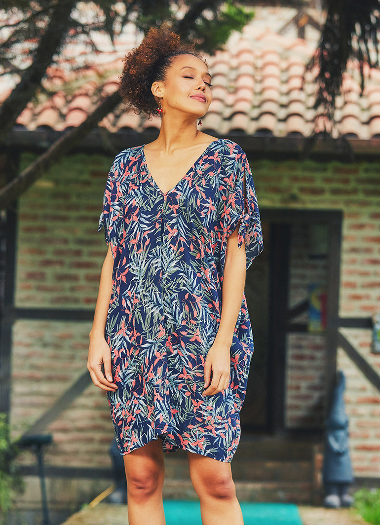 Blue Tropical Print Summer Dress