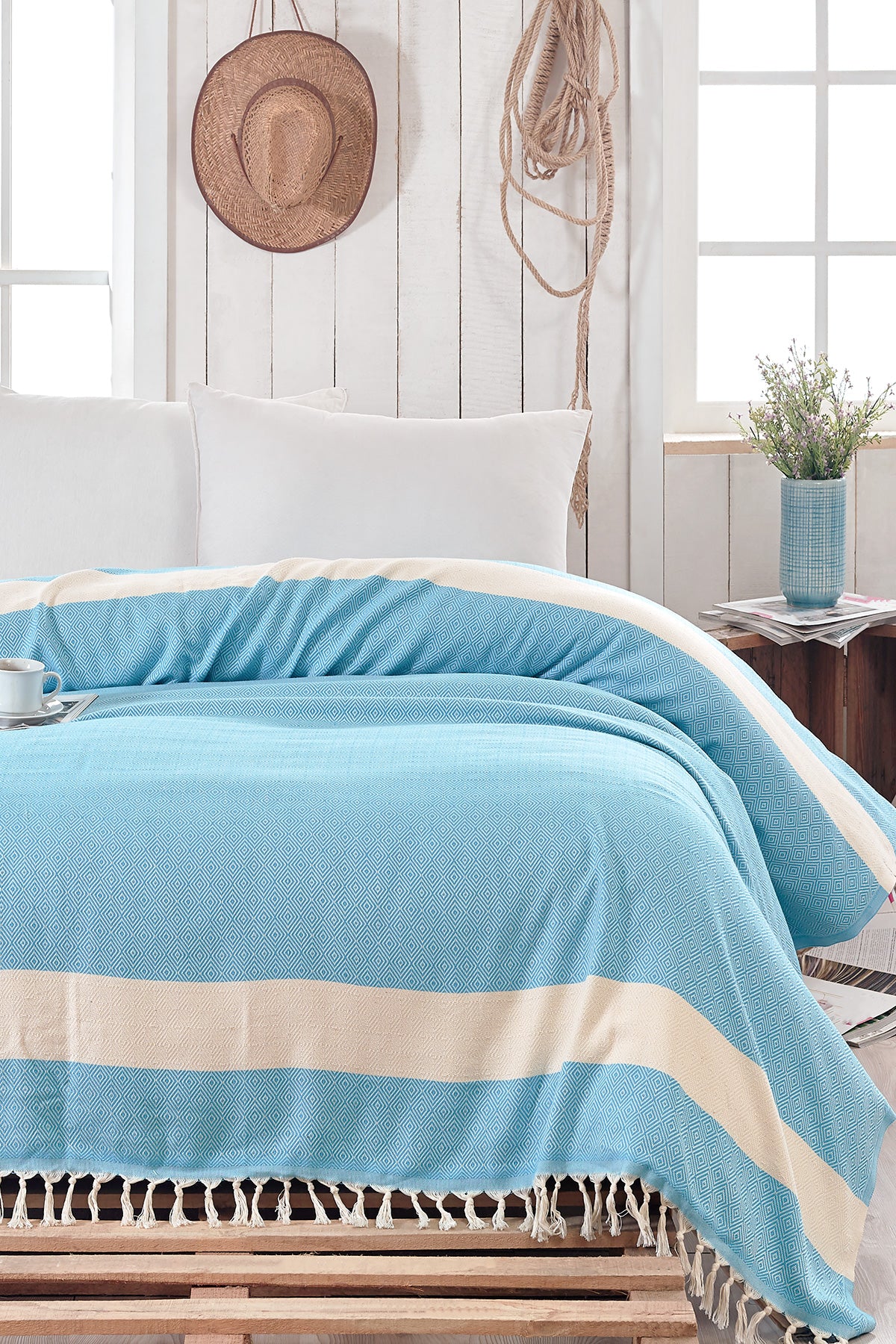 Peshtemal Pattern Cotton Summer Blanket Light Blue