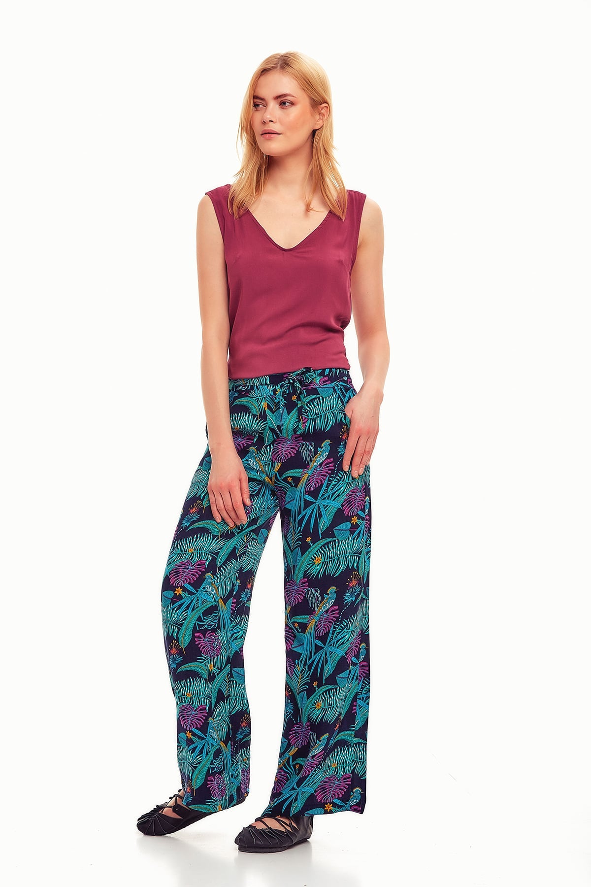 Tropical Print Palazzo Pants Blue