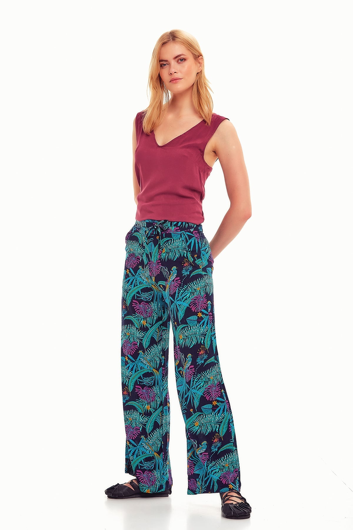 Tropical Print Palazzo Pants Blue