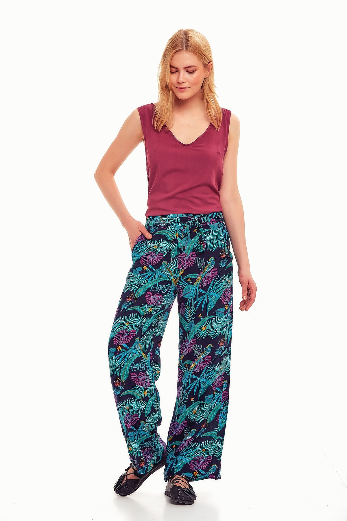 Tropical Print Palazzo Pants Blue