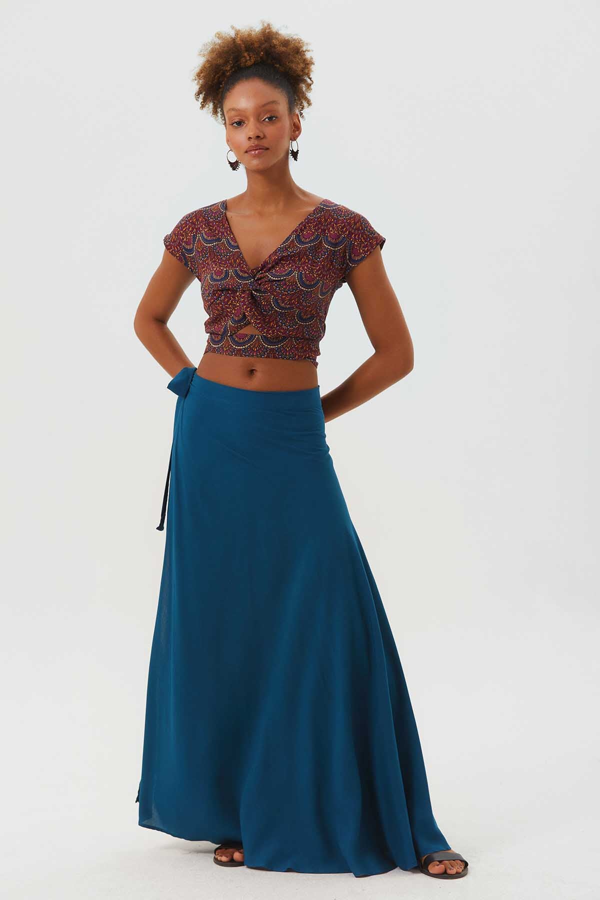 Plain Bohemian Wrapped Skirt Dark Blue