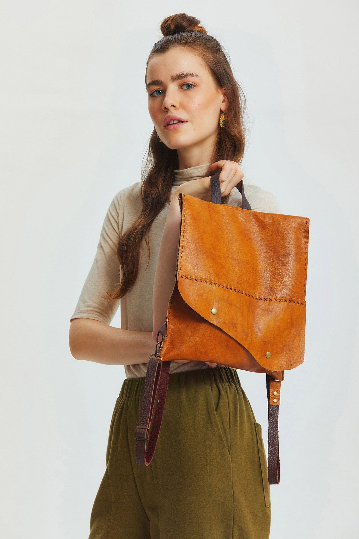 Handmade Leather Backpack with Stitched Flap One Size
