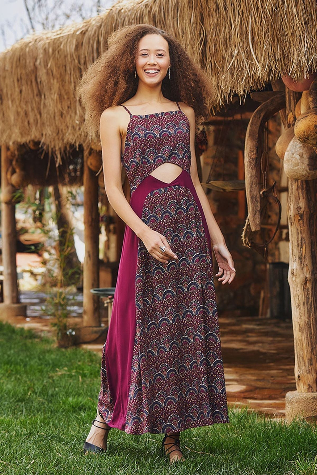 Open Back Printed Long Boho Dress Purple