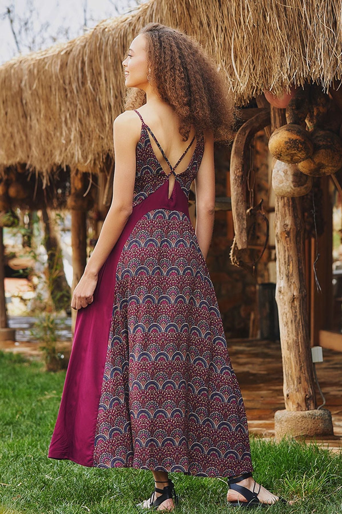Open Back Printed Long Boho Dress Purple