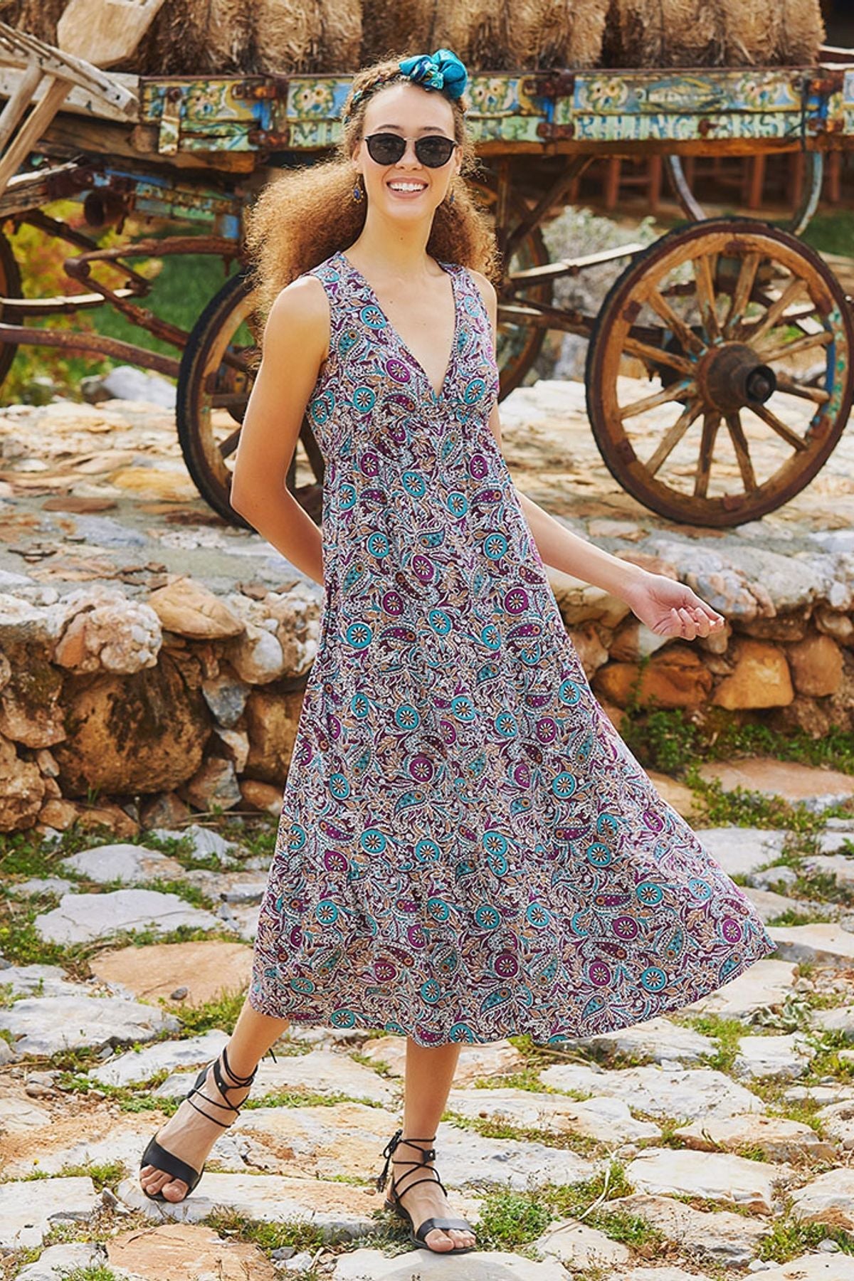 Short Sleeve Printed Midi Sun Dress Purple