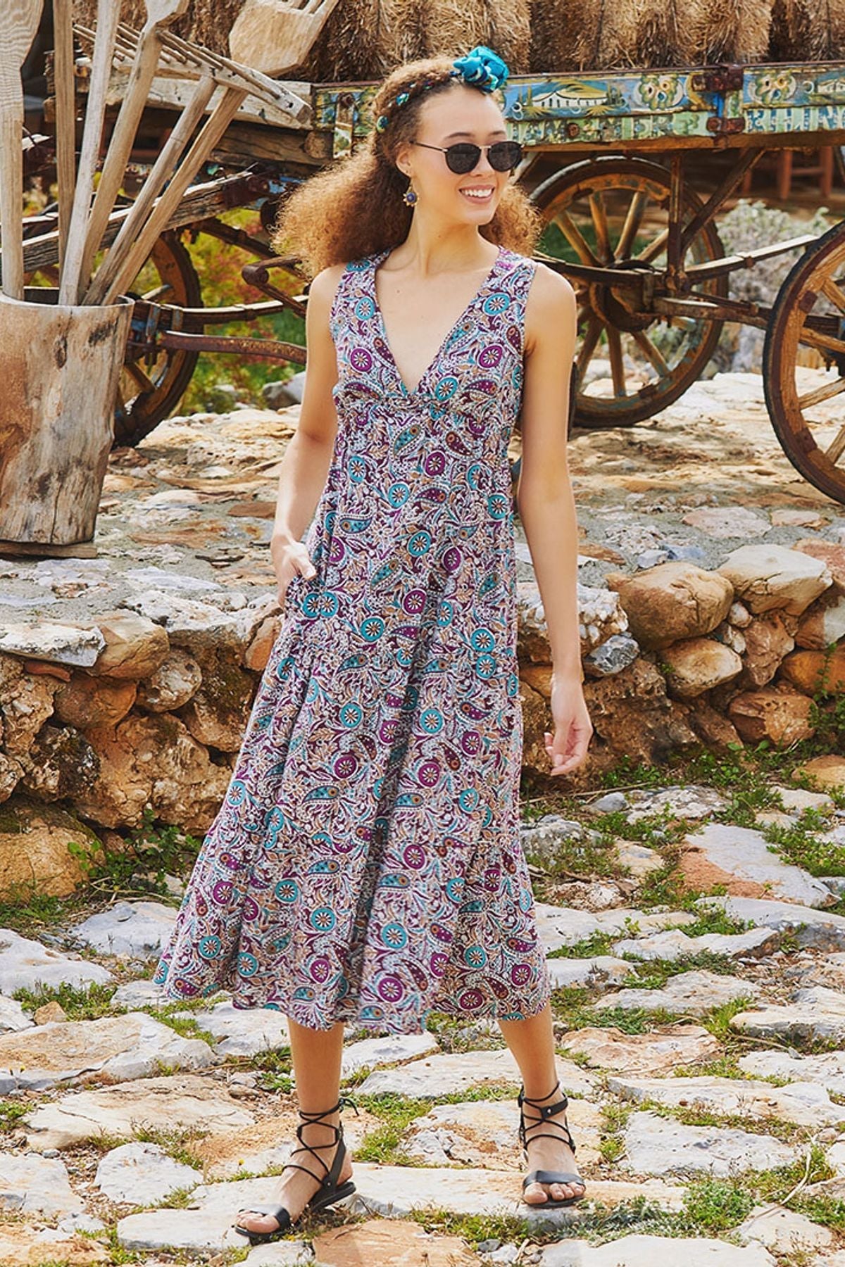 Short Sleeve Printed Midi Sun Dress Purple