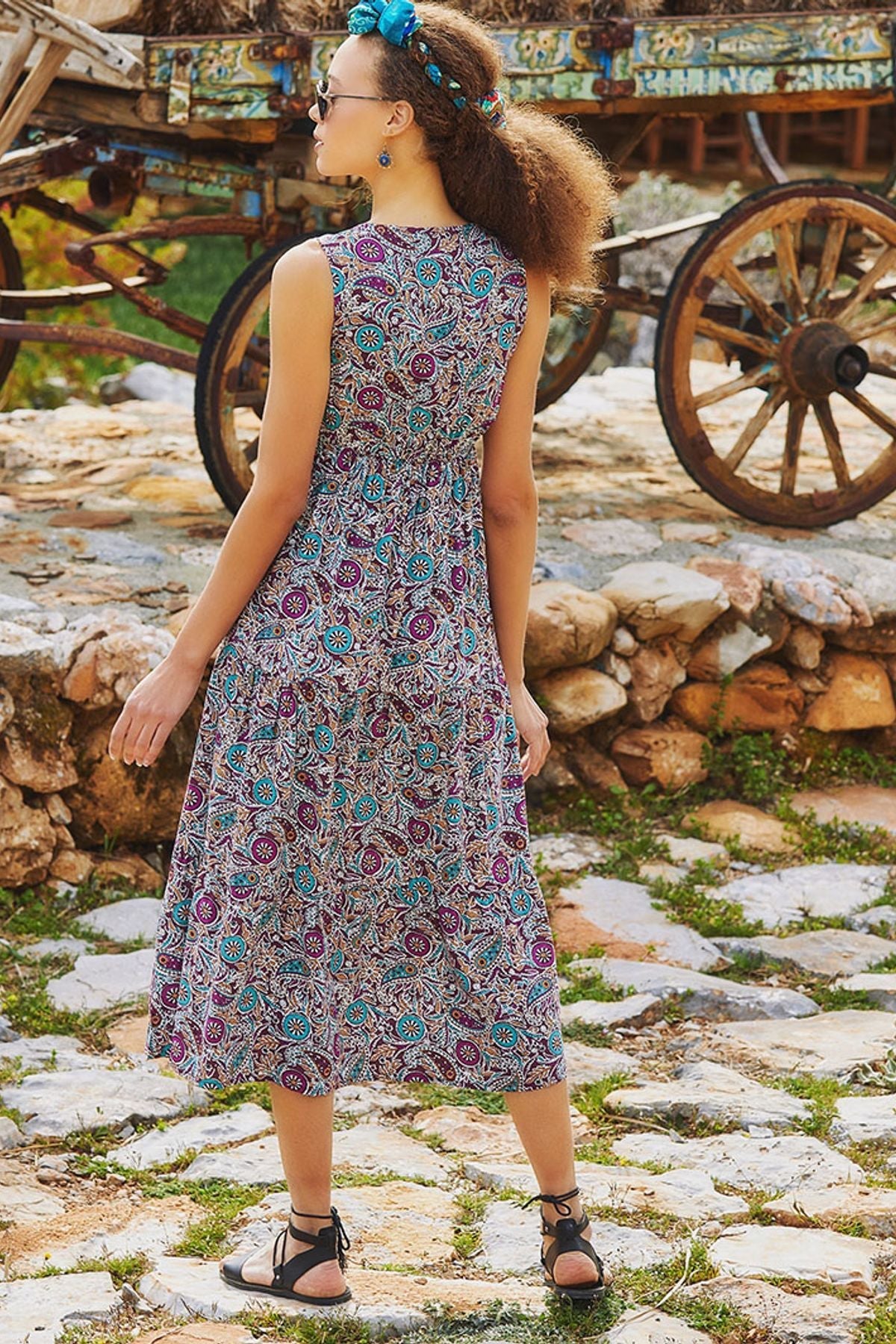 Short Sleeve Printed Midi Sun Dress Purple