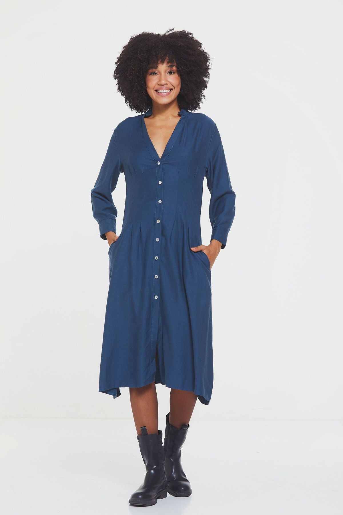 Button Up Midi Fall Dress Blue