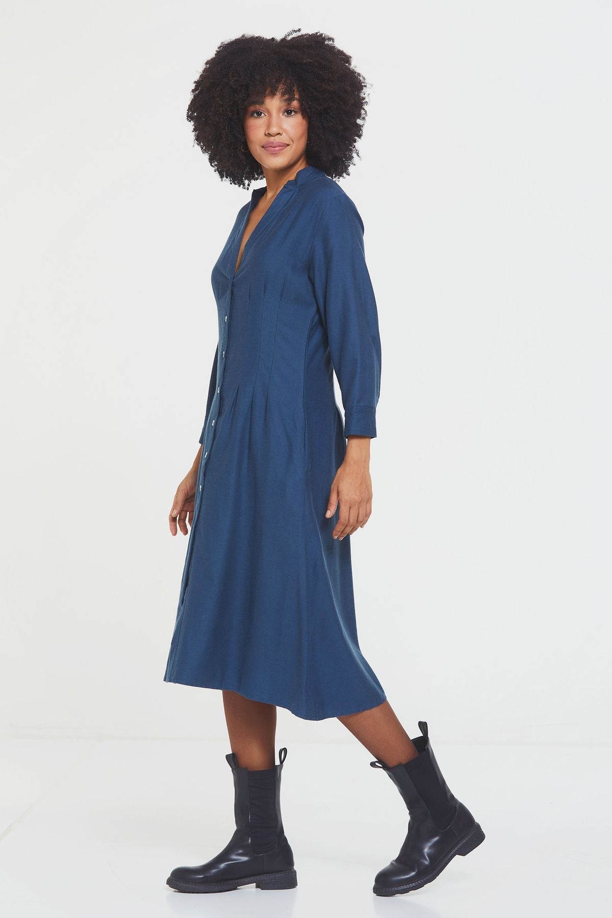 Button Up Midi Fall Dress Blue