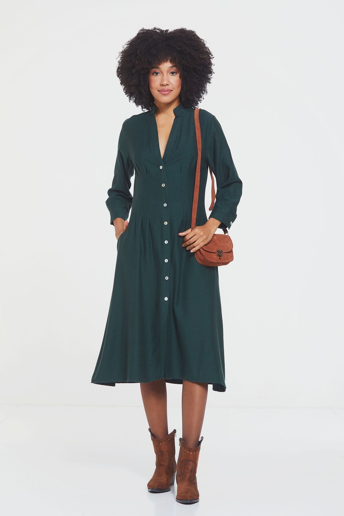 Button Up Midi Fall Dress Green