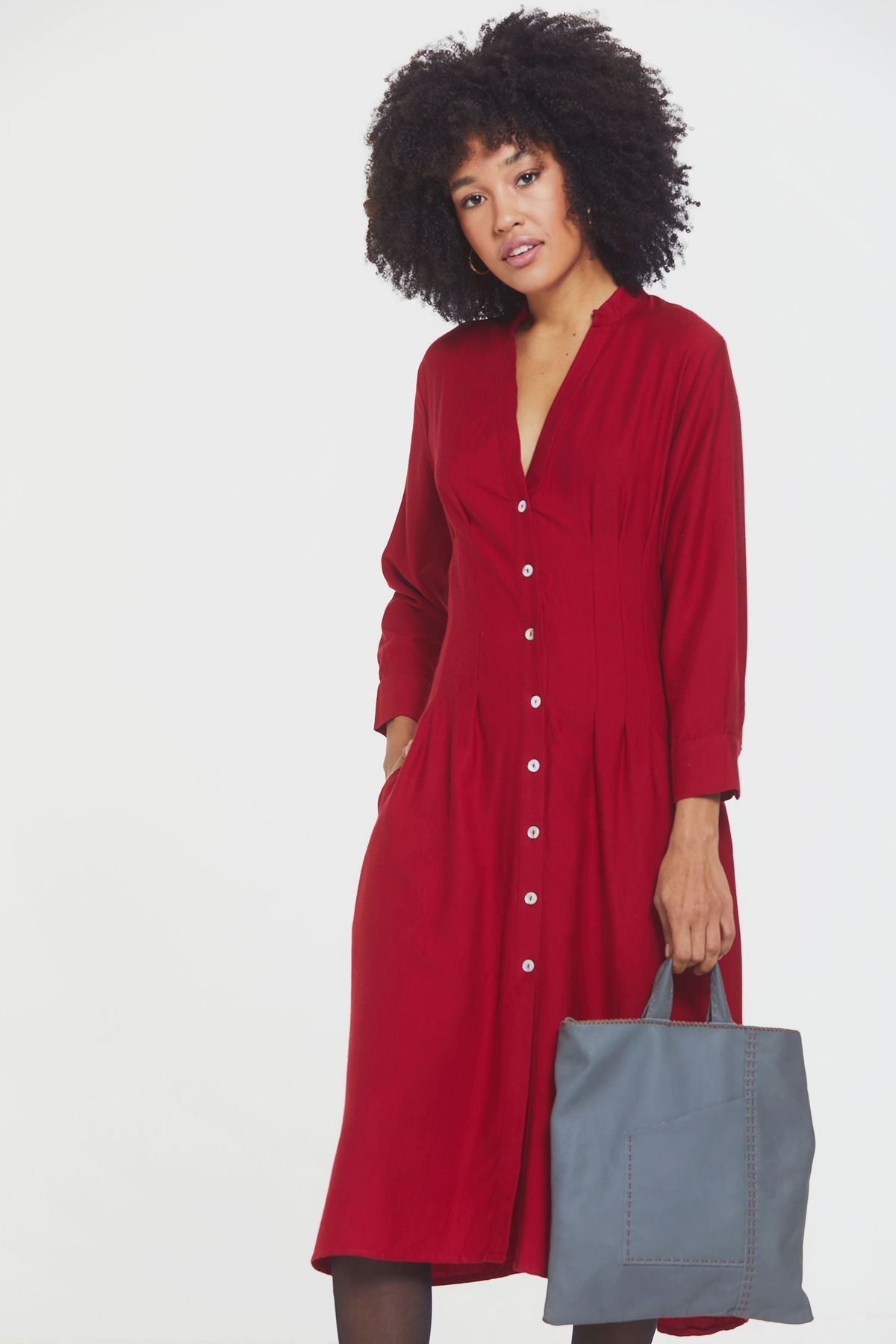 Button Up Midi Fall Dress Red