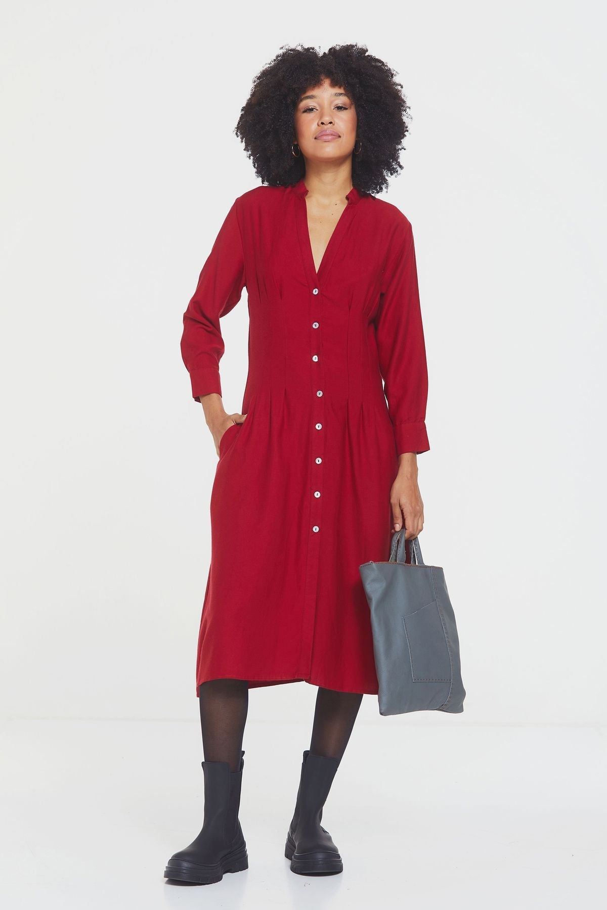 Button Up Midi Fall Dress Red