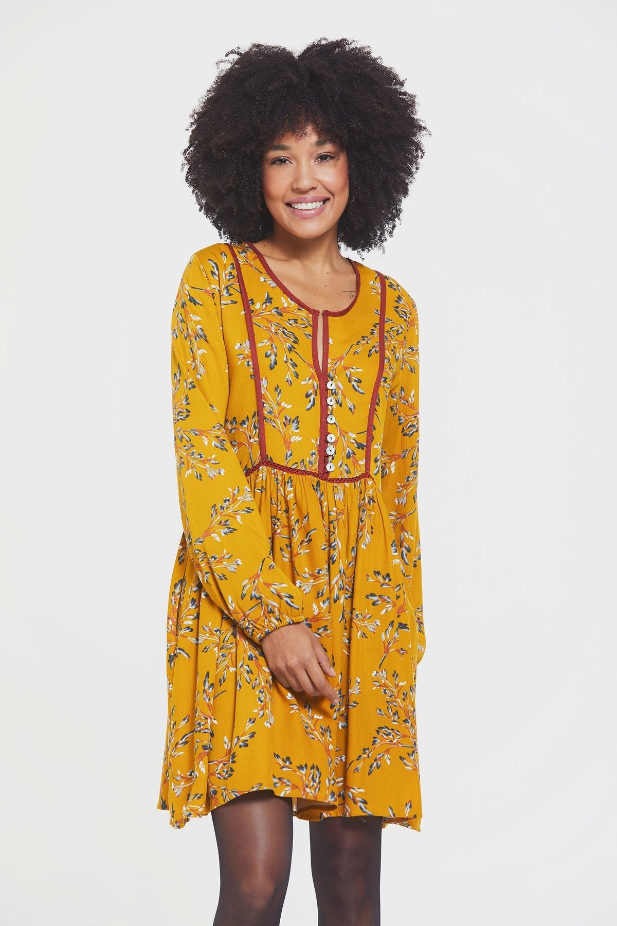 Long Sleeve Mini Lacey Fall Dress Yellow