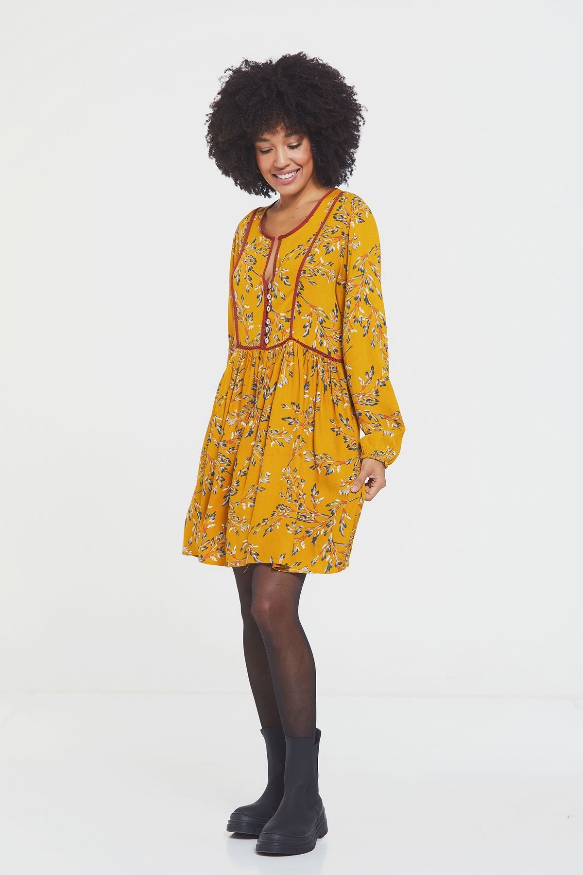 Long Sleeve Mini Lacey Fall Dress Yellow