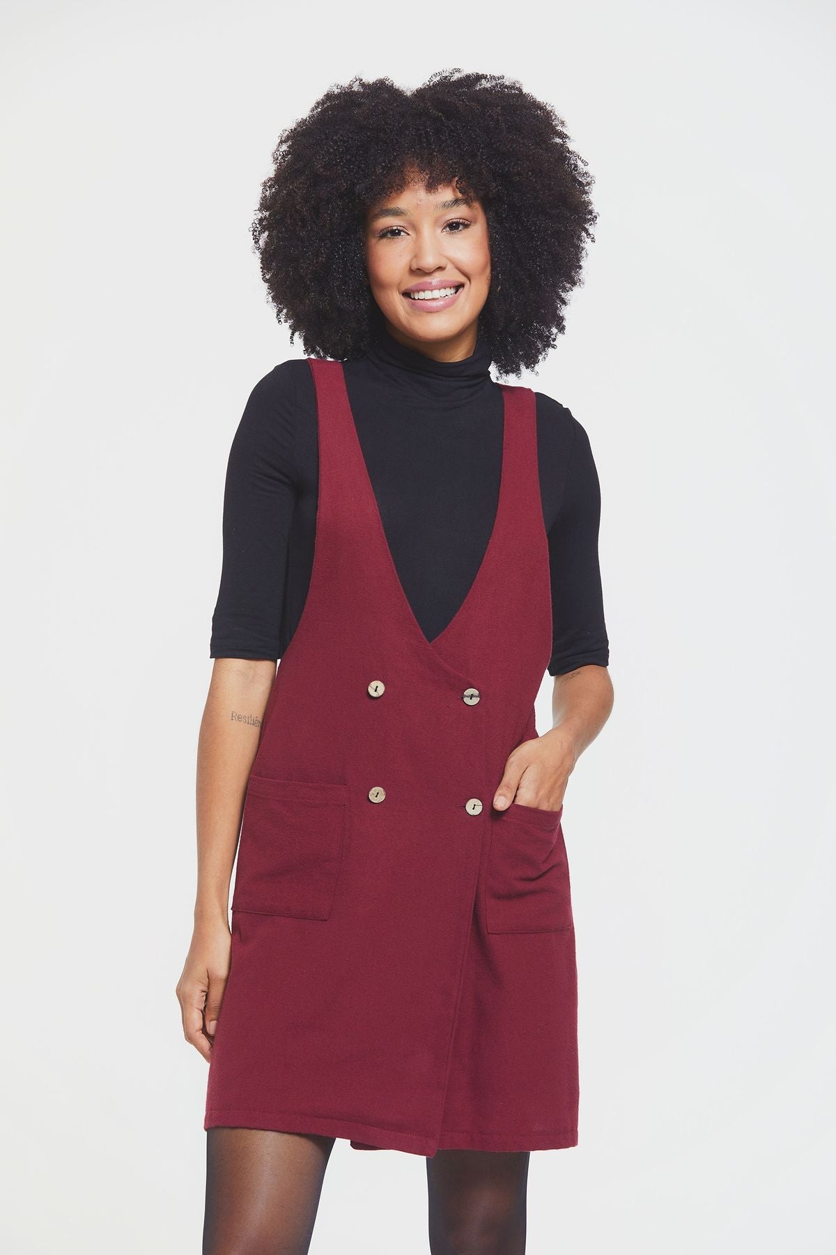 Short Gilet Dress with Buttons on Front Dark Red