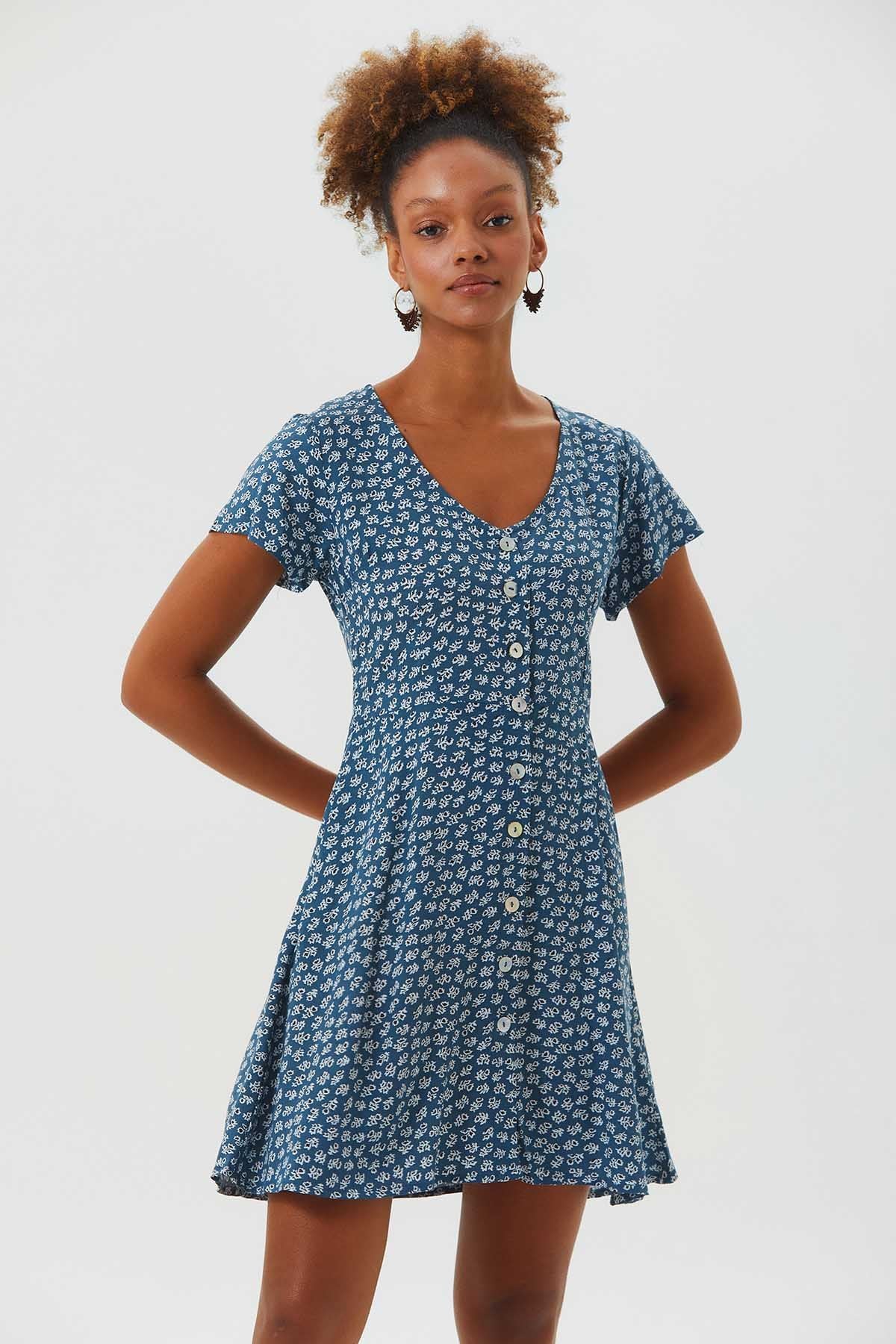 Floral Mini Button Up Summer Dress Blue