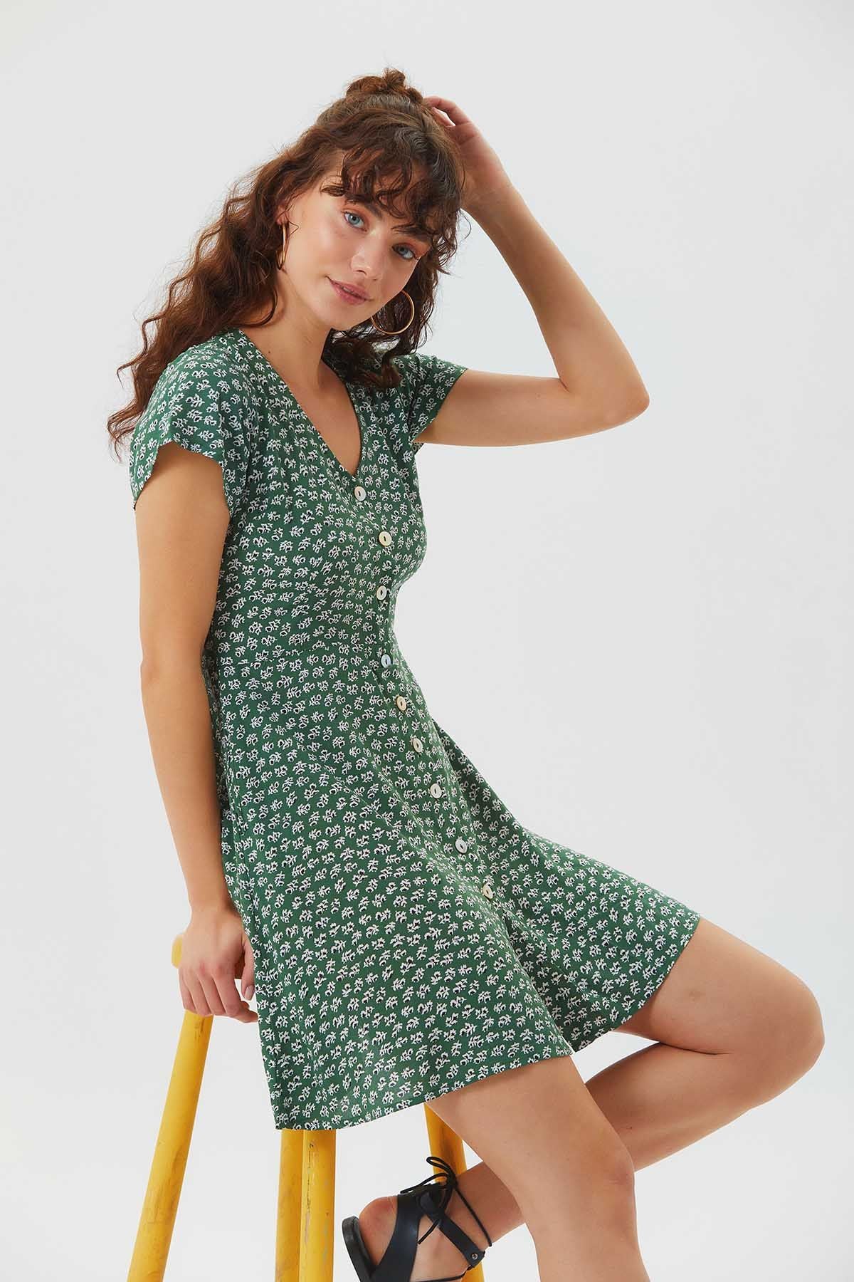 Floral Mini Button Up Summer Dress Green