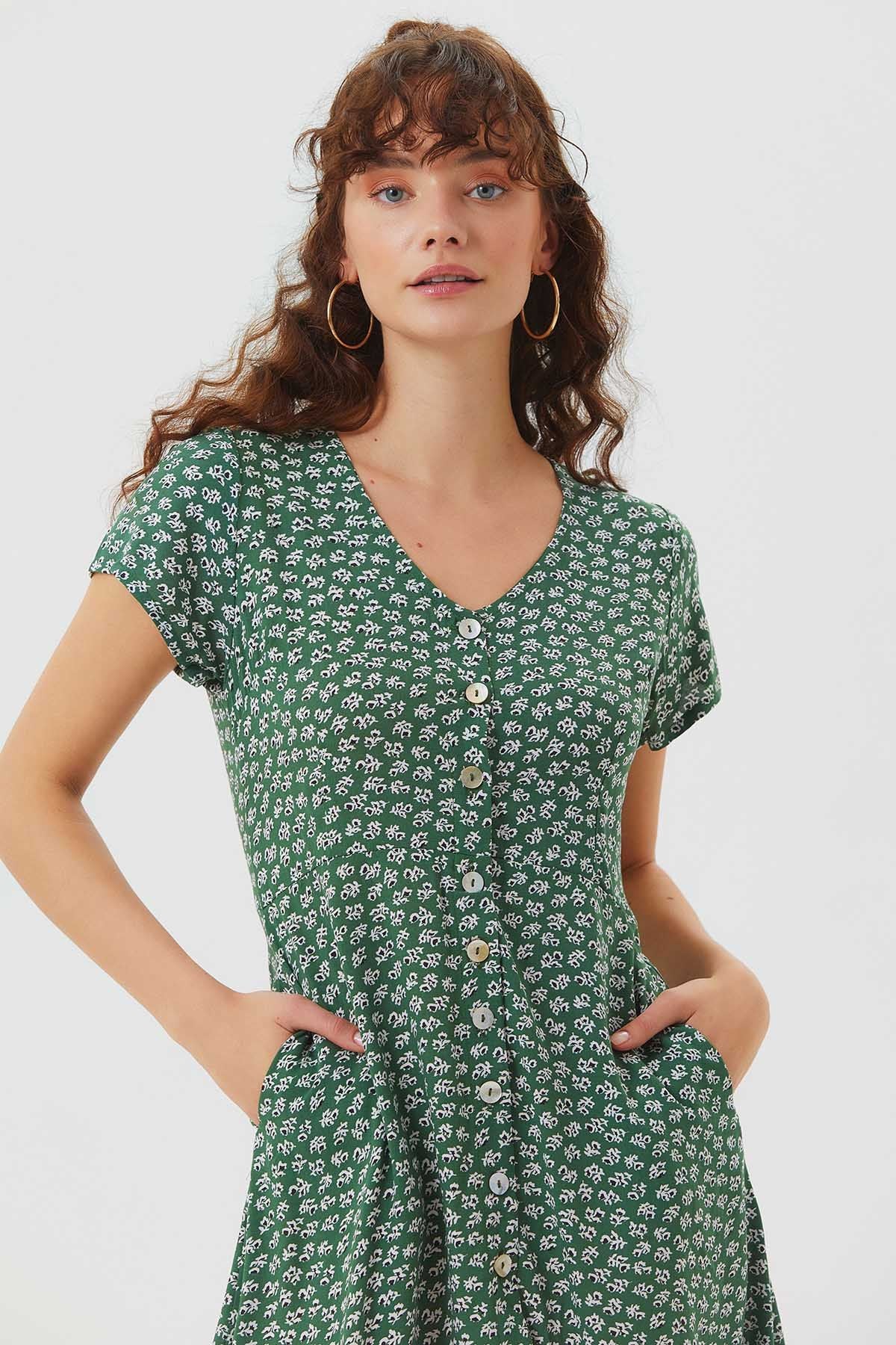 Floral Mini Button Up Summer Dress Green