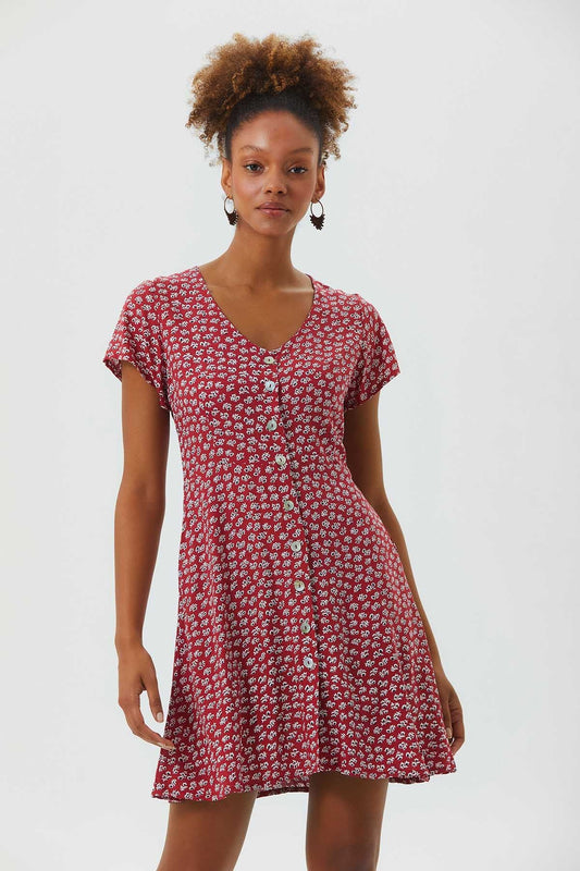 Floral Mini Button Up Summer Dress Red