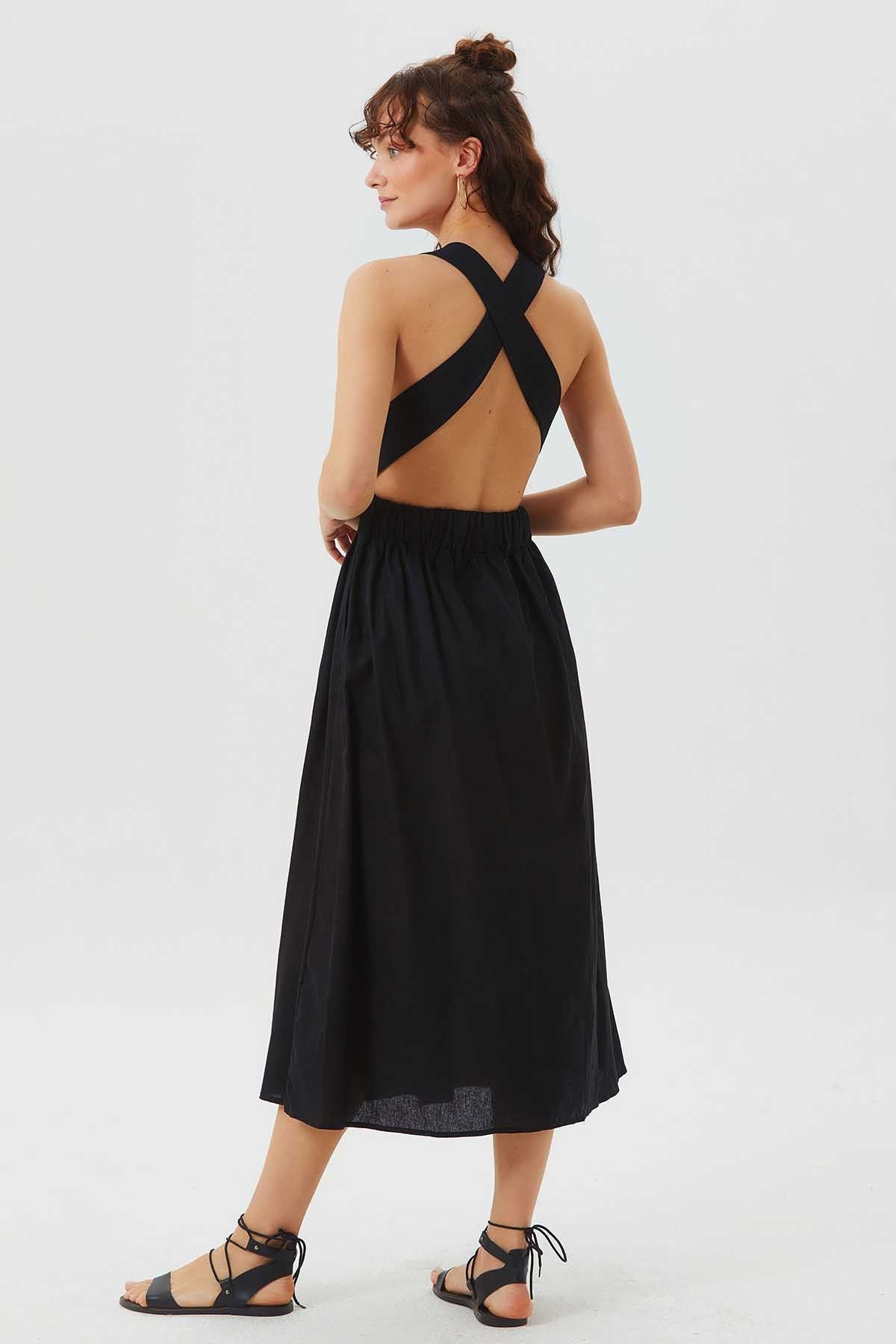 Open Back Fit and Flare Cotton Dress Black