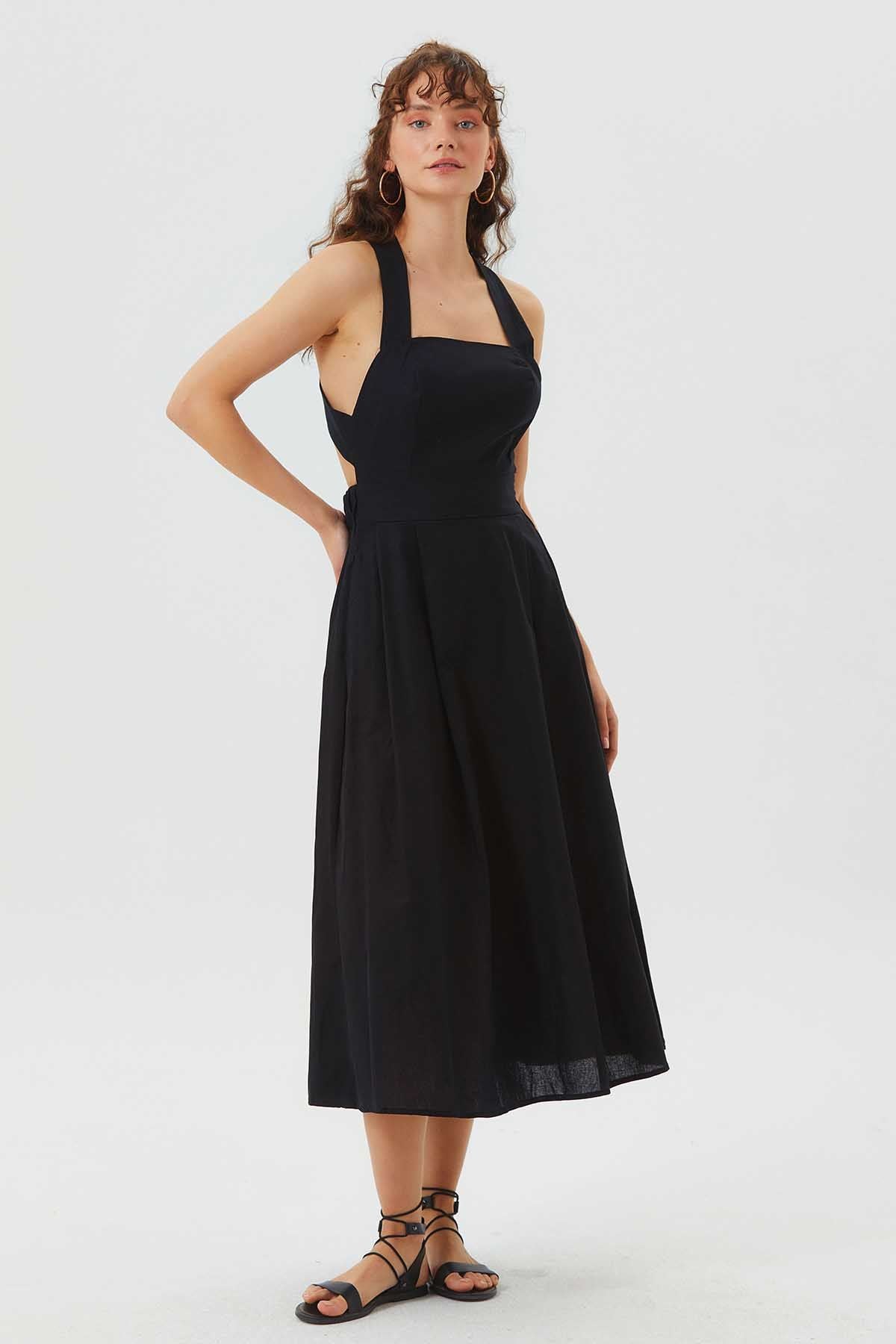 Open Back Fit and Flare Cotton Dress Black