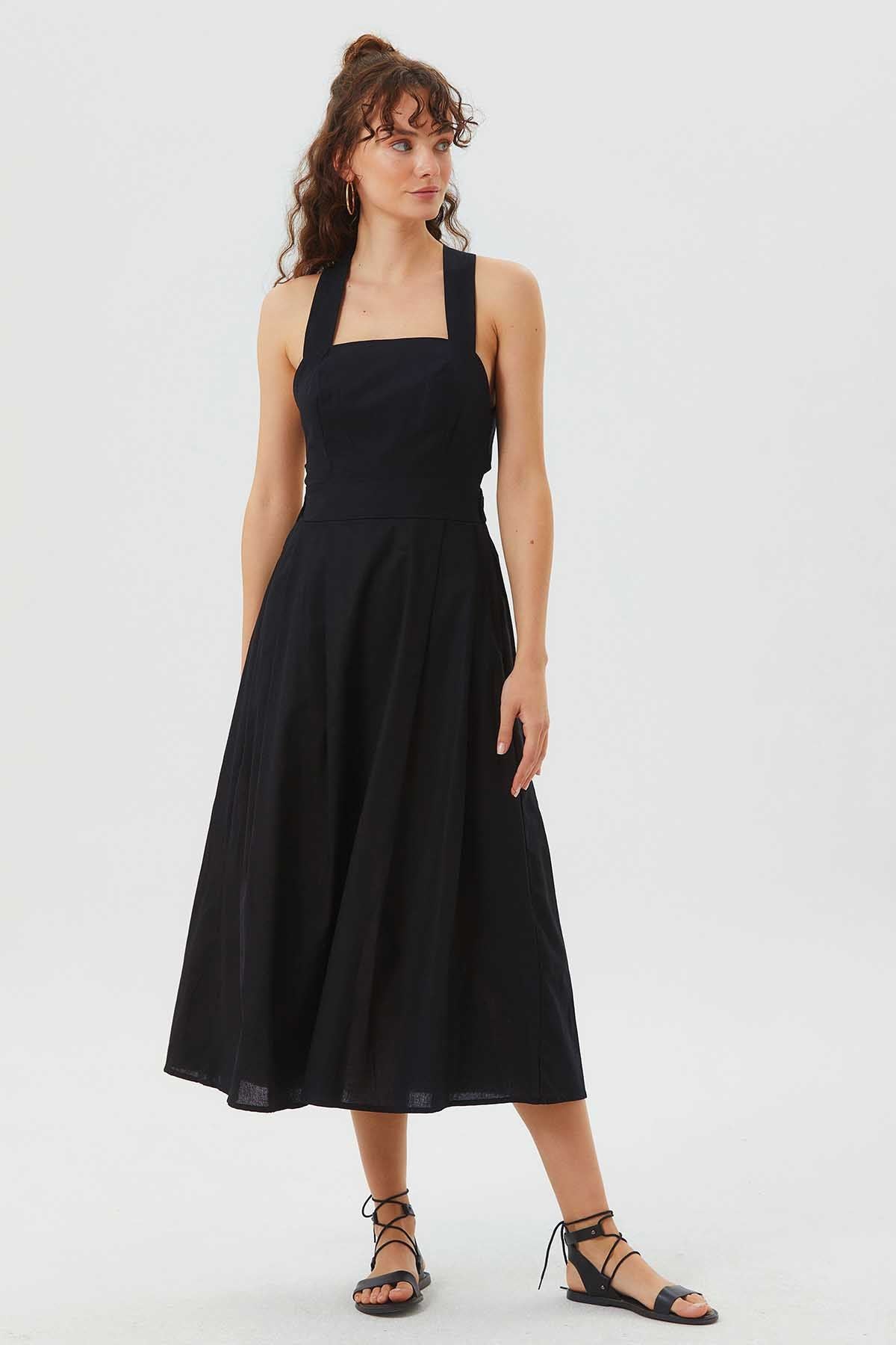 Open Back Fit and Flare Cotton Dress Black