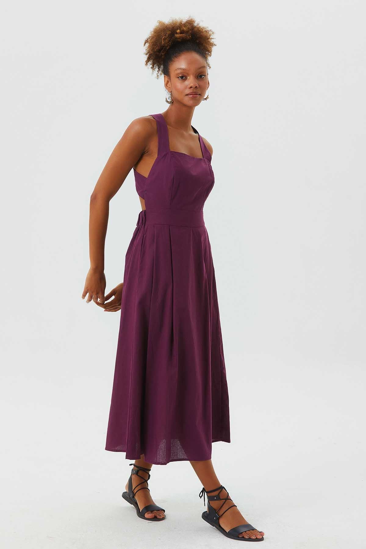 Open Back Fit and Flare Cotton Dress Purple