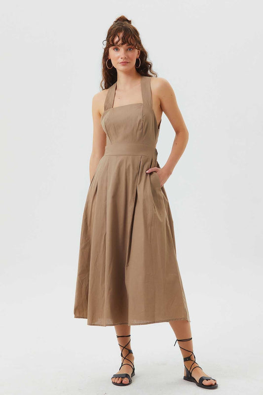 Open Back Fit and Flare Cotton Dress Beige