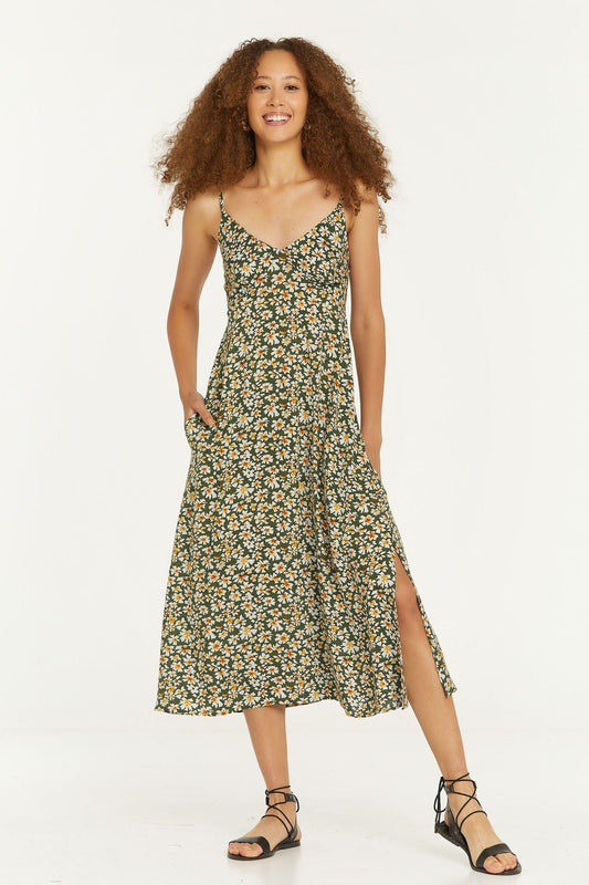 Fit and Flare Floral Casual Dress Green