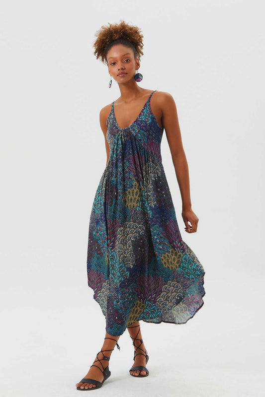 Midi Summer Dress with Patchwork Print Turquoise