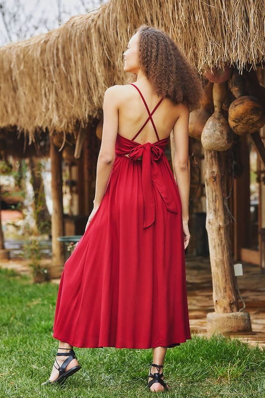 Spaghetti Strap Flowy Midi Sun Dress Red