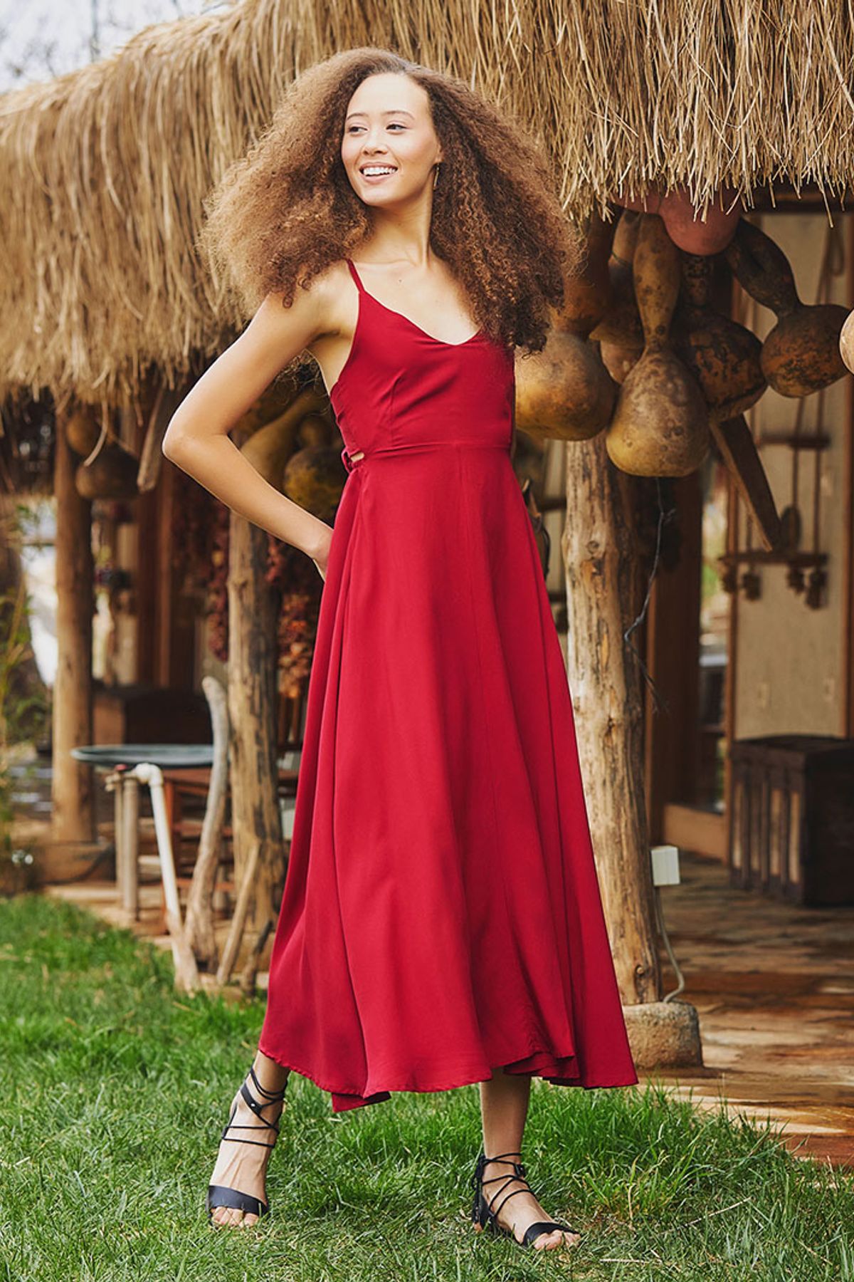 Spaghetti Strap Flowy Midi Sun Dress Red