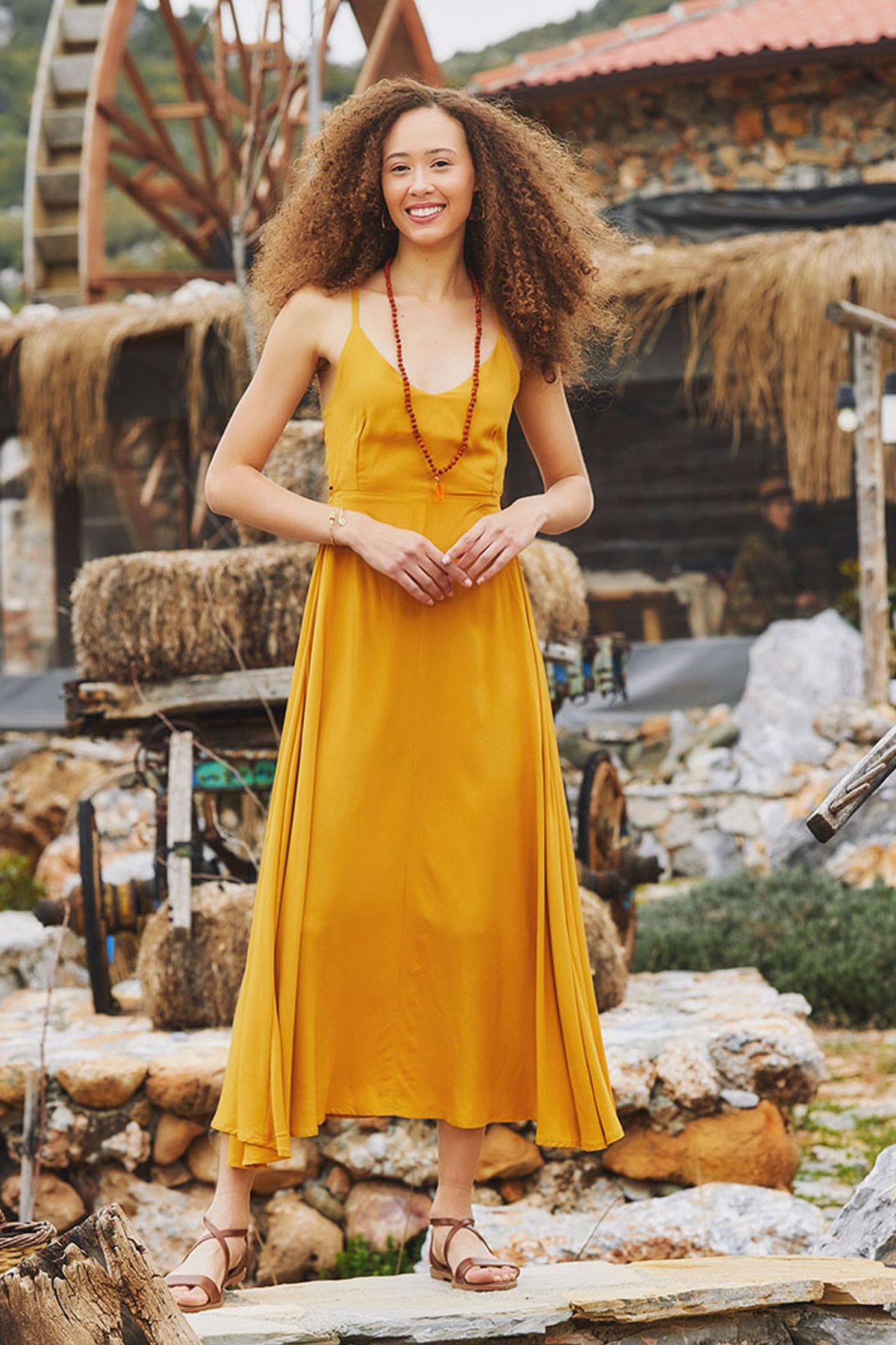 Spaghetti Strap Flowy Midi Sun Dress Yellow