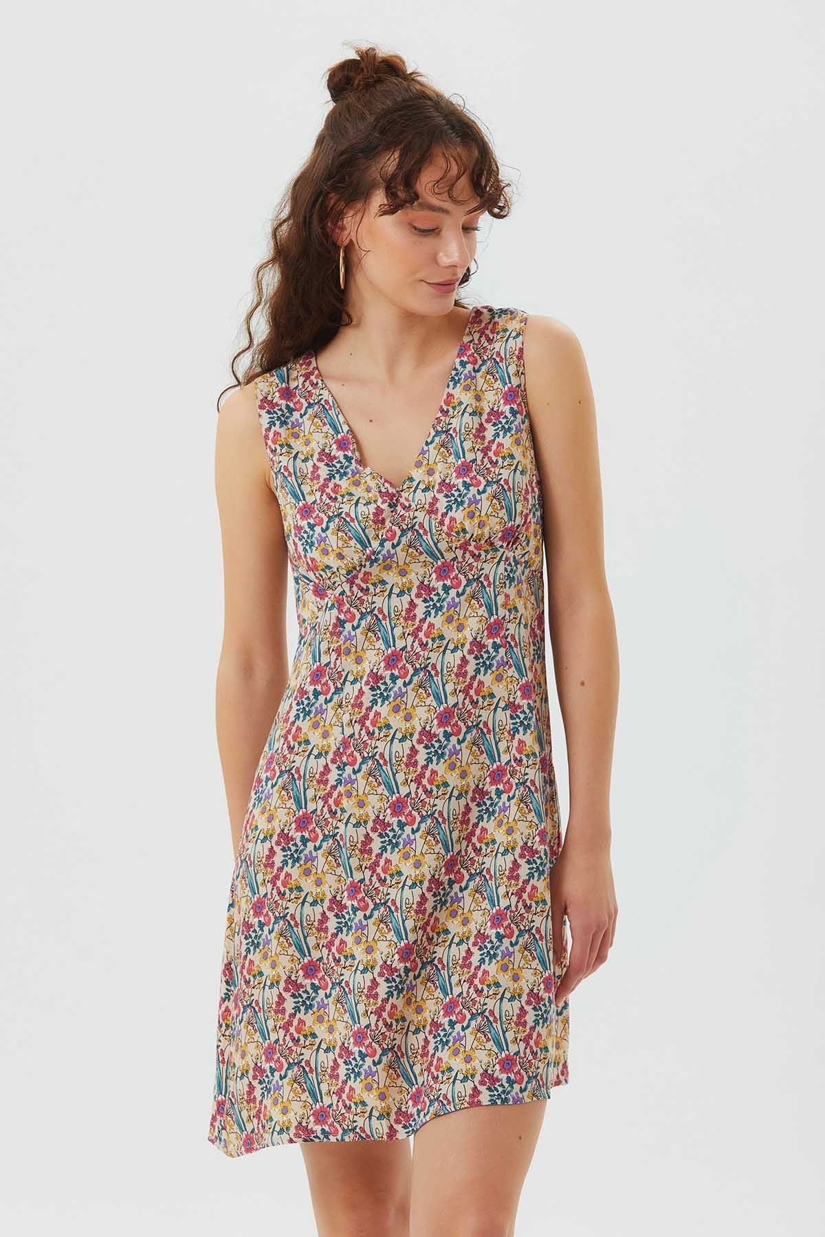 Sleeveless Mini Floral Dress Beige