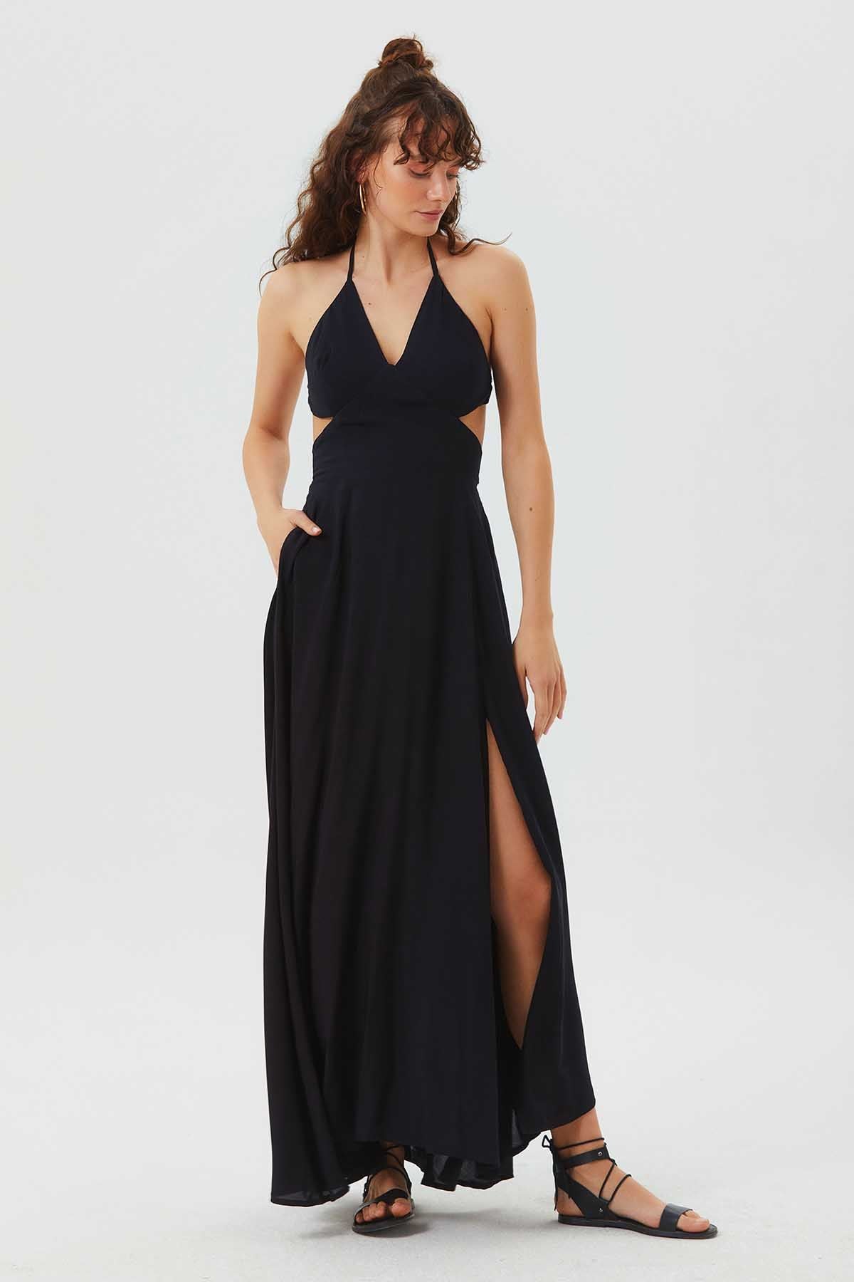 Deep Side Slit Maxi Bohemian Dress Black